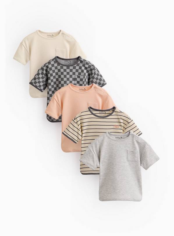 Checkered & Striped Ribbed T-Shirts 5 Pack 3-6 months